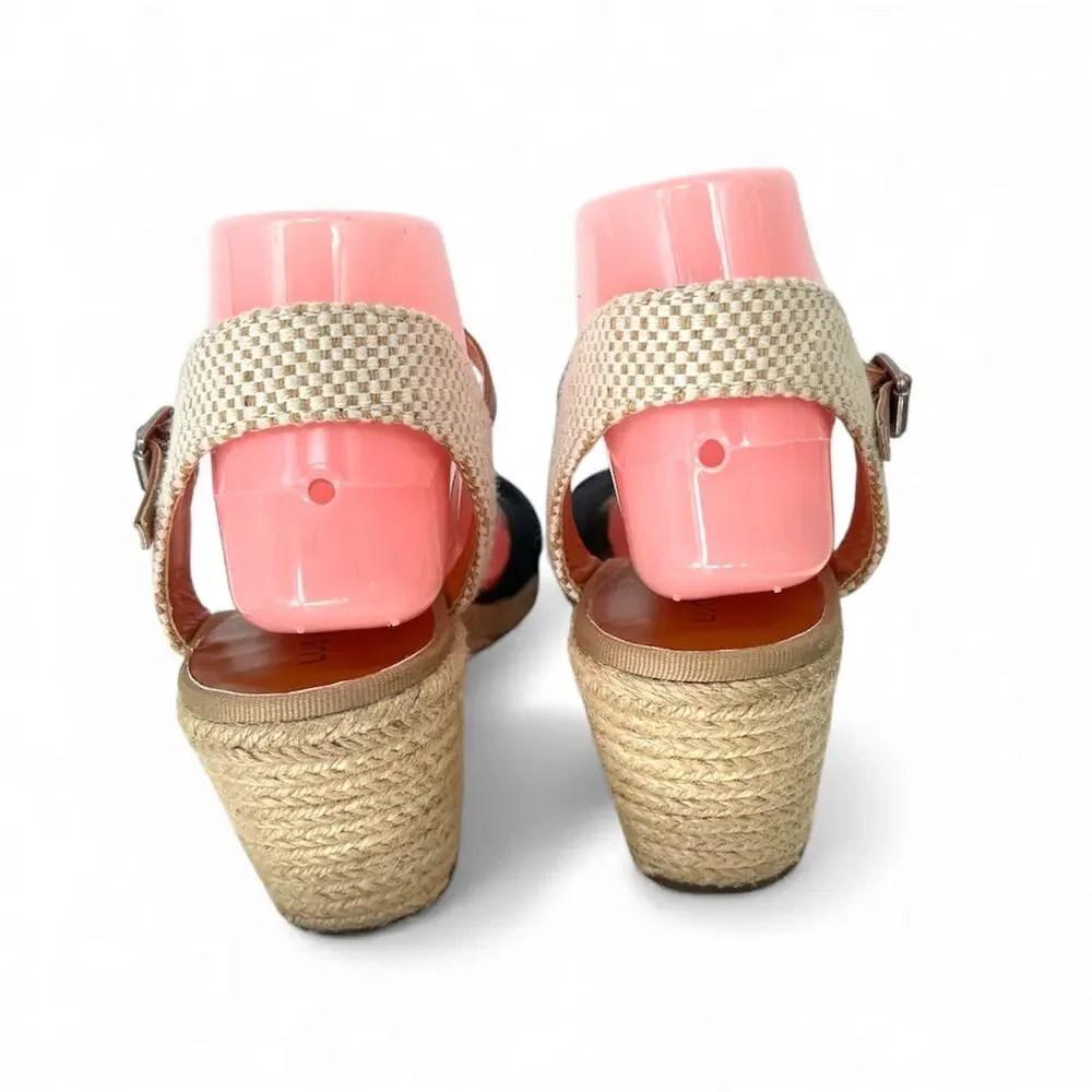 LUCKY BRAND Black Canvas & Jute Open Toe Wedges 9 Coastal Boho Neutral Twee